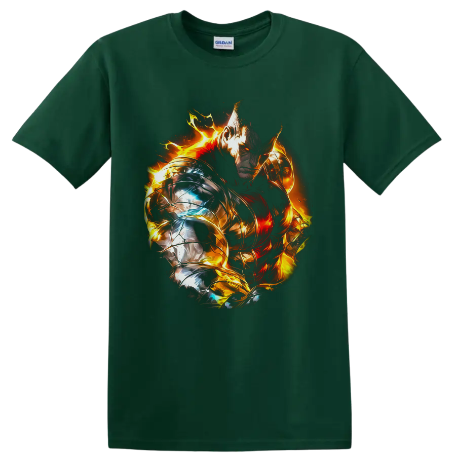 Escanor in silver and gold armor surrounded by blazing fire fantasy artwork on a Forest Green T Shirt