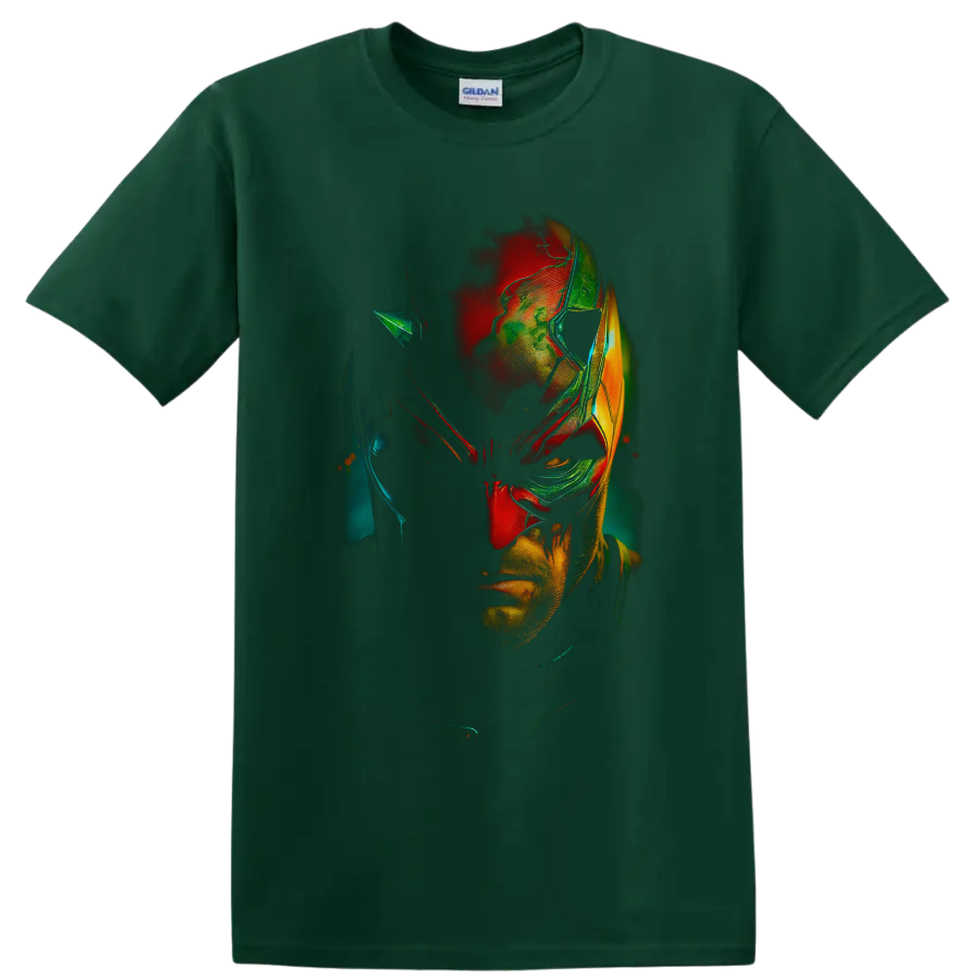 Daredevil Matt Murdock neon comic portrait with distressed red, teal, green, and gold on a Forest Green T Shirt
