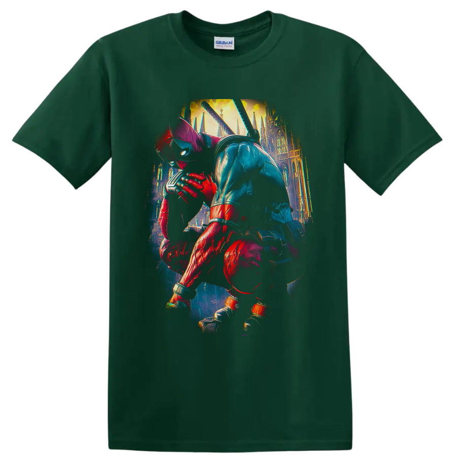 Deadpool crouching with katanas before a glowing Gothic cathedral in cinematic comic art on a Forest Green T Shirt