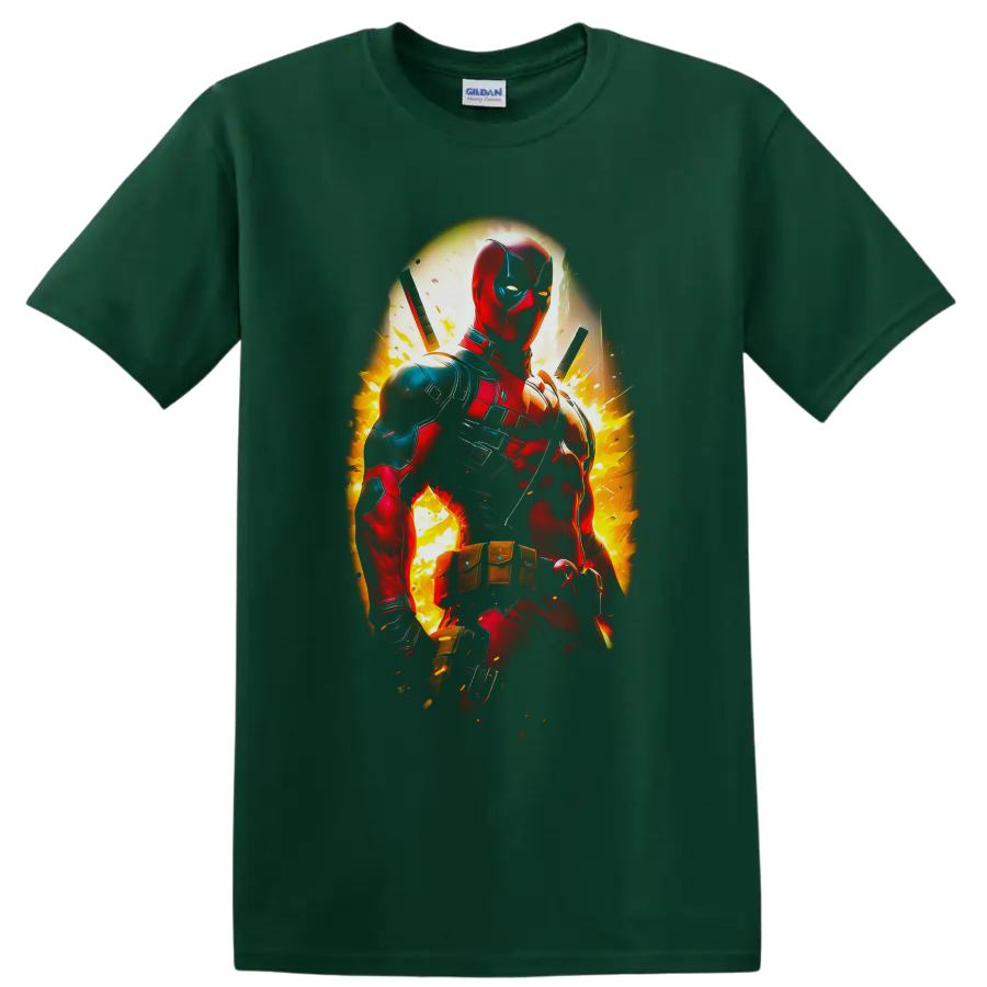Deadpool in explosive comic action art with twin swords and fiery sparks on a Forest Green T Shirt