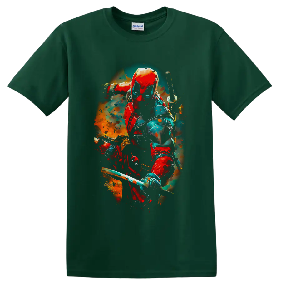 Deadpool masked with katanas in vivid red, teal, and orange comic action art on a Forest Green T Shirt