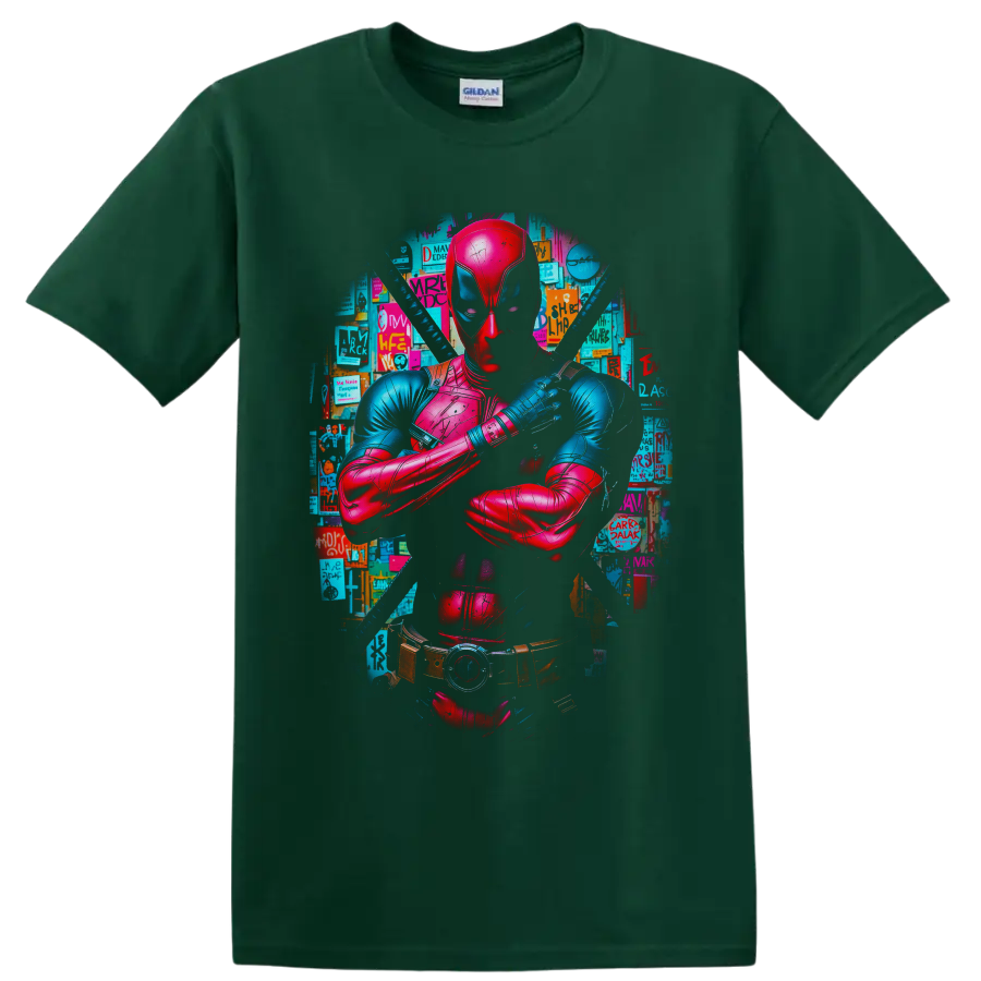 Deadpool neon comic portrait with crossed arms, twin katanas, and poster collage on a Forest Green T Shirt