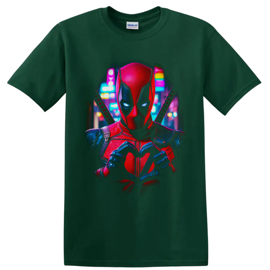 Deadpool making heart hands with crossed katanas in a neon city comic-art portrait on a Forest Green T Shirt