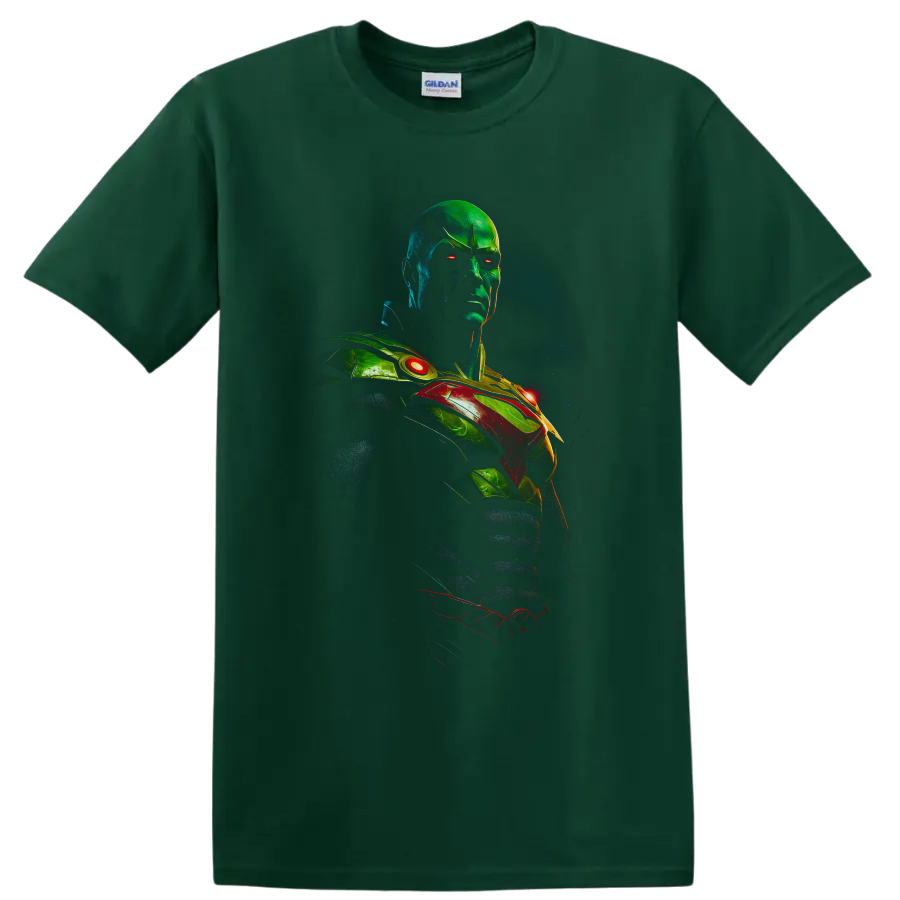 Martian Manhunter J'onn J'onzz neon cosmic superhero portrait with glowing red eyes on a Forest Green T Shirt