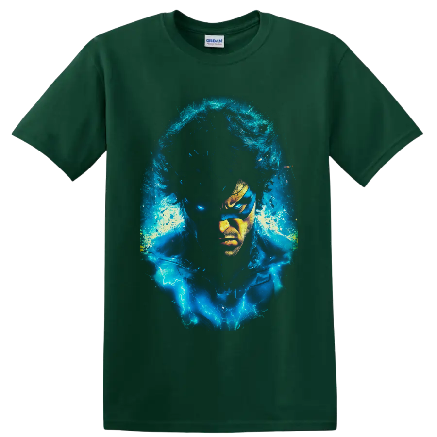 Iceman Bobby Drake portrait with electric blue ice energy and lightning effects on a Forest Green T Shirt
