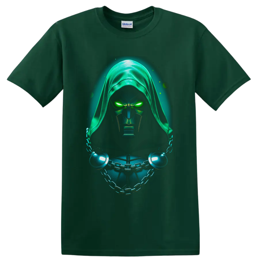 Doctor Doom in neon-green hooded armor with glowing eyes and chained chest on a Forest Green T Shirt