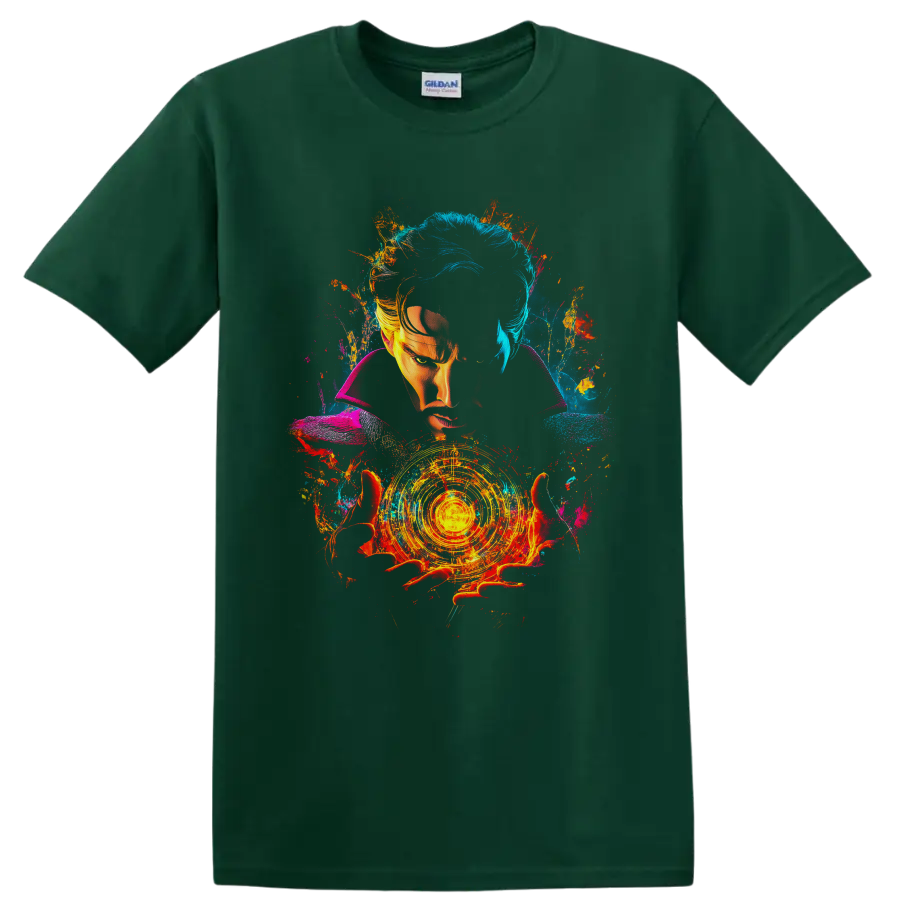 Doctor Strange portrait with glowing magic circle and vibrant cosmic paint splashes on a Forest Green T Shirt