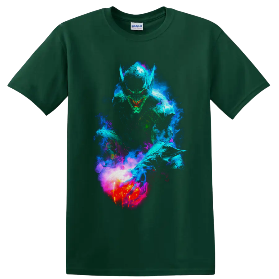 Green Goblin neon comic art with glowing pumpkin bomb and swirling smoke on a Forest Green T Shirt