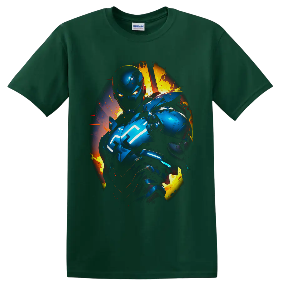 Iron Man in blue futuristic armor with glowing cyan energy and fiery comic explosion on a Forest Green T Shirt