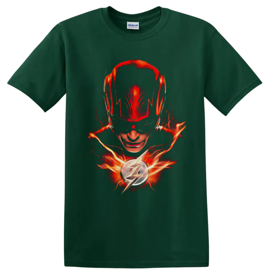 The Flash Barry Allen portrait with glowing lightning and chest emblem on a Forest Green T Shirt