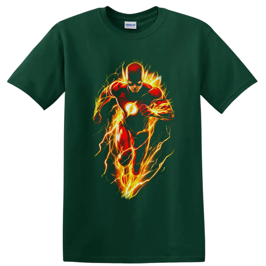 The Flash Barry Allen comic art sprinting through glowing yellow-orange lightning on a Forest Green T Shirt