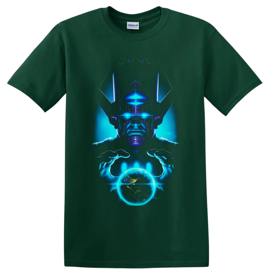 Galactus cosmic comic artwork with glowing blue eyes holding a radiant planet on a Forest Green T Shirt