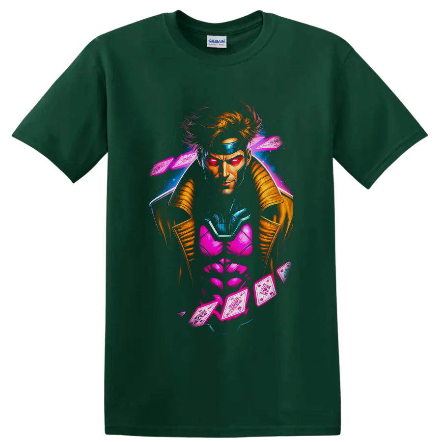 Gambit neon comic portrait with glowing playing cards and blue energy effects on a Forest Green T Shirt