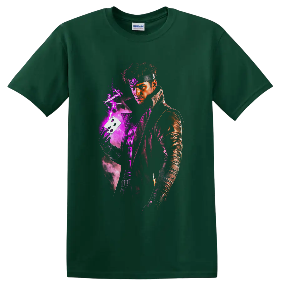 Gambit portrait with charged playing card, purple lightning, and neon comic energy on a Forest Green T Shirt
