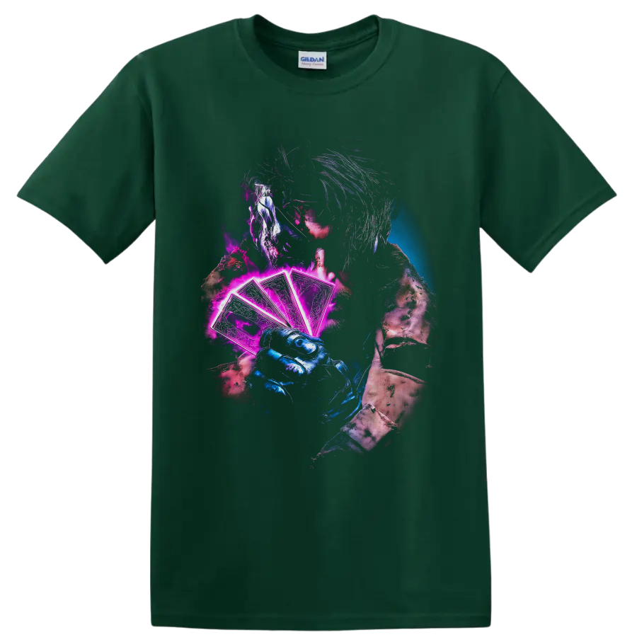 Gambit holding glowing neon playing cards in a gritty blue and magenta comic art style on a Forest Green T Shirt