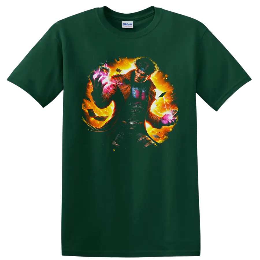 Gambit with glowing charged cards, lightning, and fiery comic-style action art on a Forest Green T Shirt