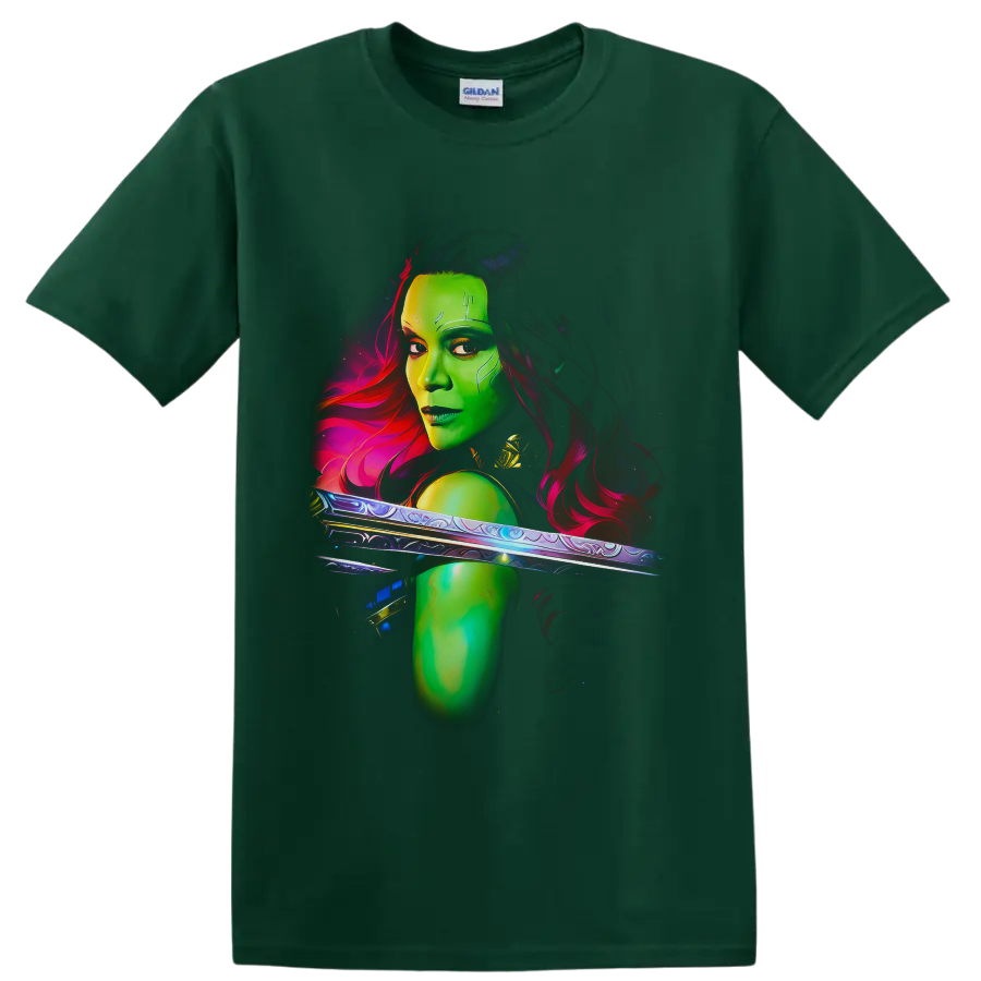 Gamora cosmic sword warrior portrait in vivid neon sci-fi digital art on a Forest Green T Shirt