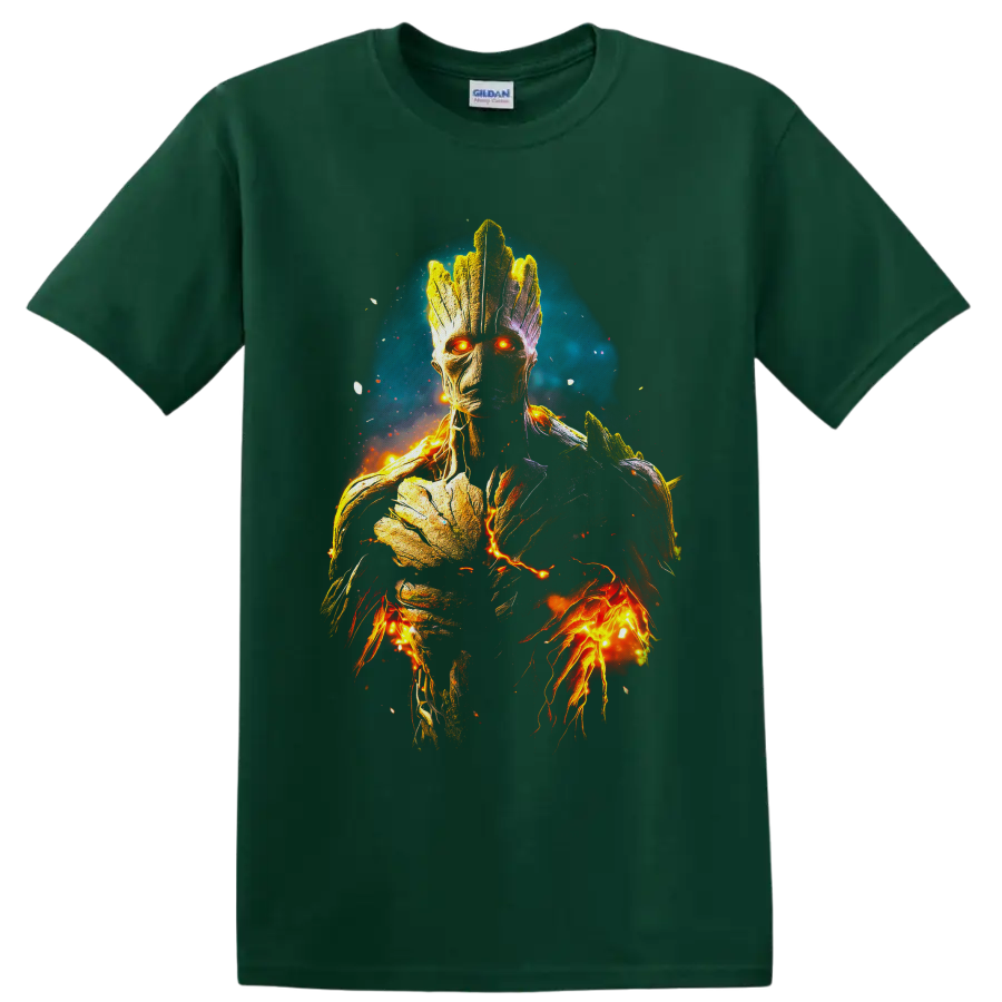 Fiery cosmic Groot portrait with glowing orange eyes, bark texture, sparks, and teal halo on a Forest Green T Shirt