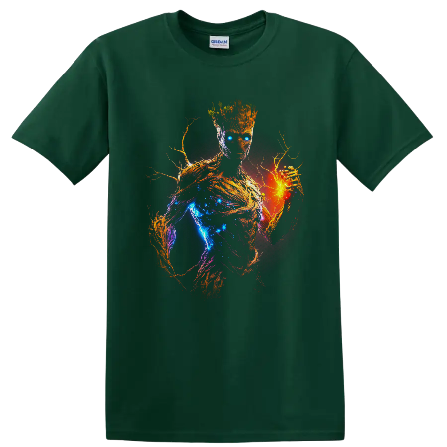 Groot cosmic neon portrait with glowing blue energy, fiery orange hand, and branching bark on a Forest Green T Shirt