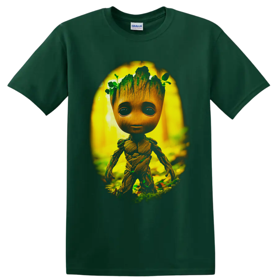 Baby Groot in a glowing forest with moss, vines, leaves, and detailed wood-grain texture on a Forest Green T Shirt