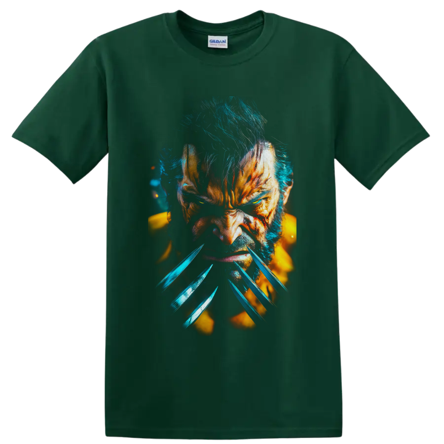 Wolverine Logan clawed close-up portrait in vivid teal and golden action art on a Forest Green T Shirt