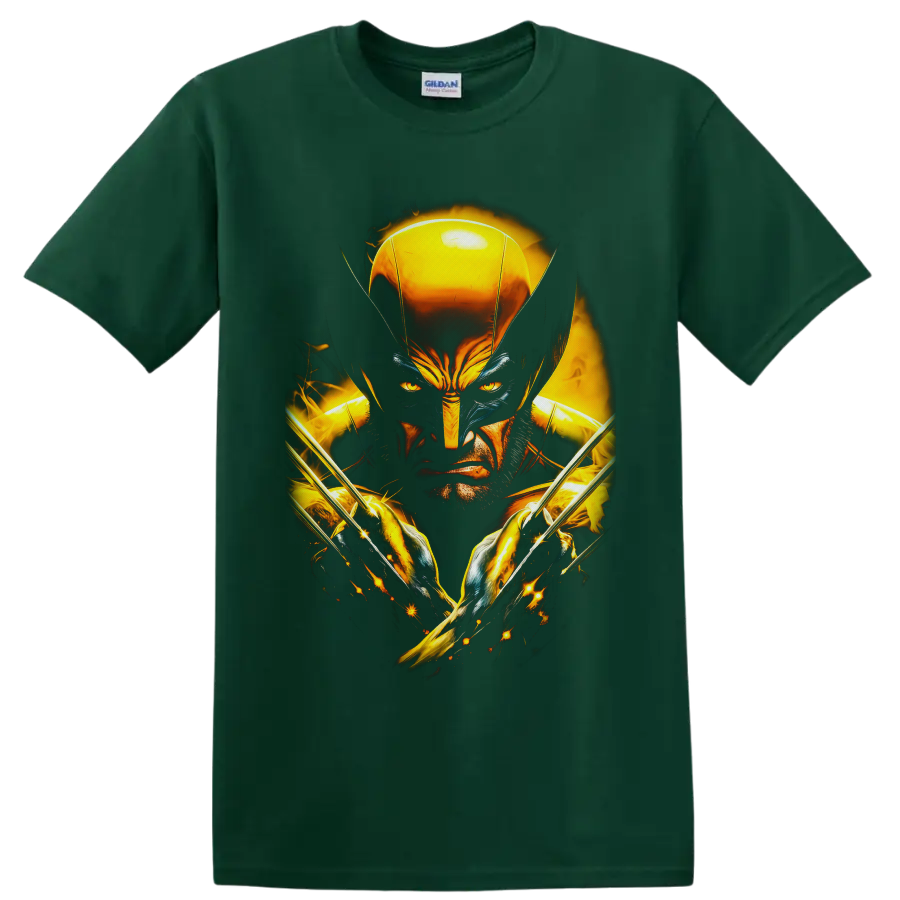 Wolverine Logan portrait with gold mask, crossed claws, sparks, and fiery superhero art on a Forest Green T Shirt