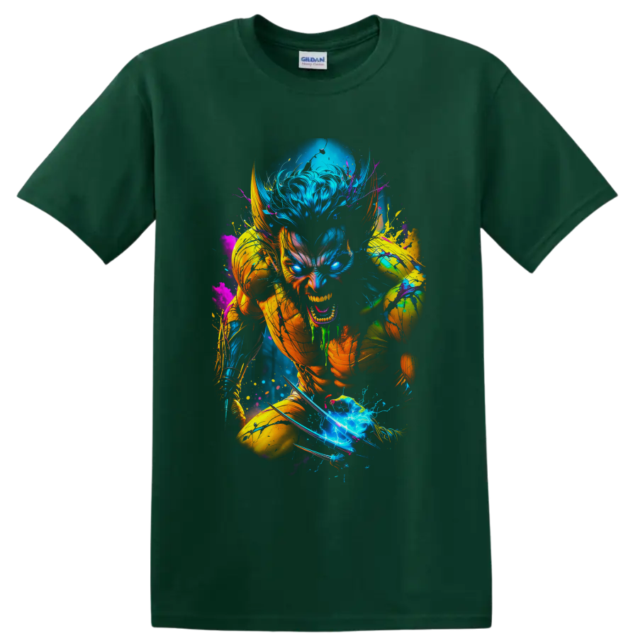 Wolverine neon comic action art with claws, glowing eyes, and electric paint splashes on a Forest Green T Shirt
