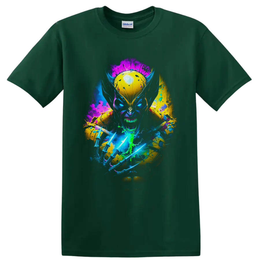 Wolverine neon comic portrait with glowing claws, lightning, and paint splatters on a Forest Green T Shirt