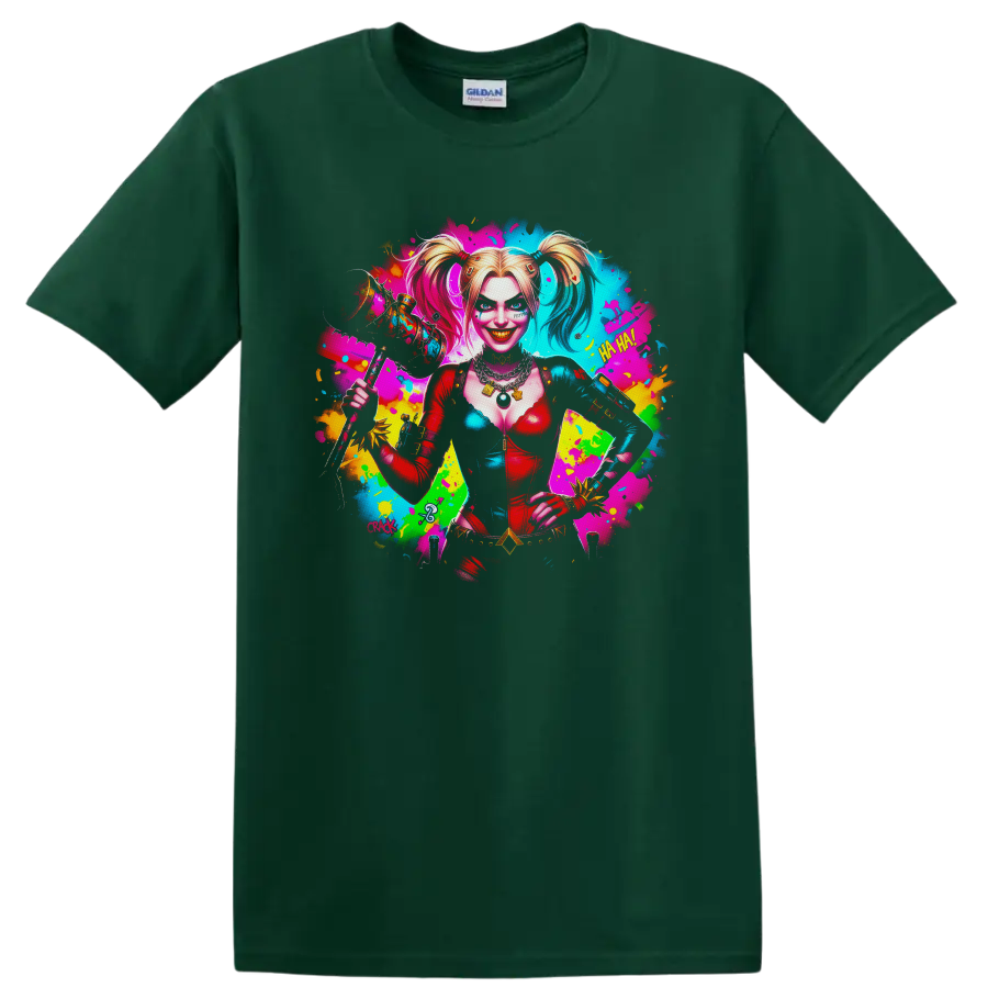 Harley Quinn neon pop art portrait with mallet, cards, and colorful paint splashes on a Forest Green T Shirt
