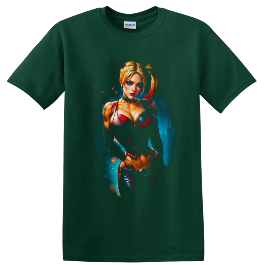 Harley Quinn portrait in red and blue corset art with blonde pigtails on a Forest Green T Shirt