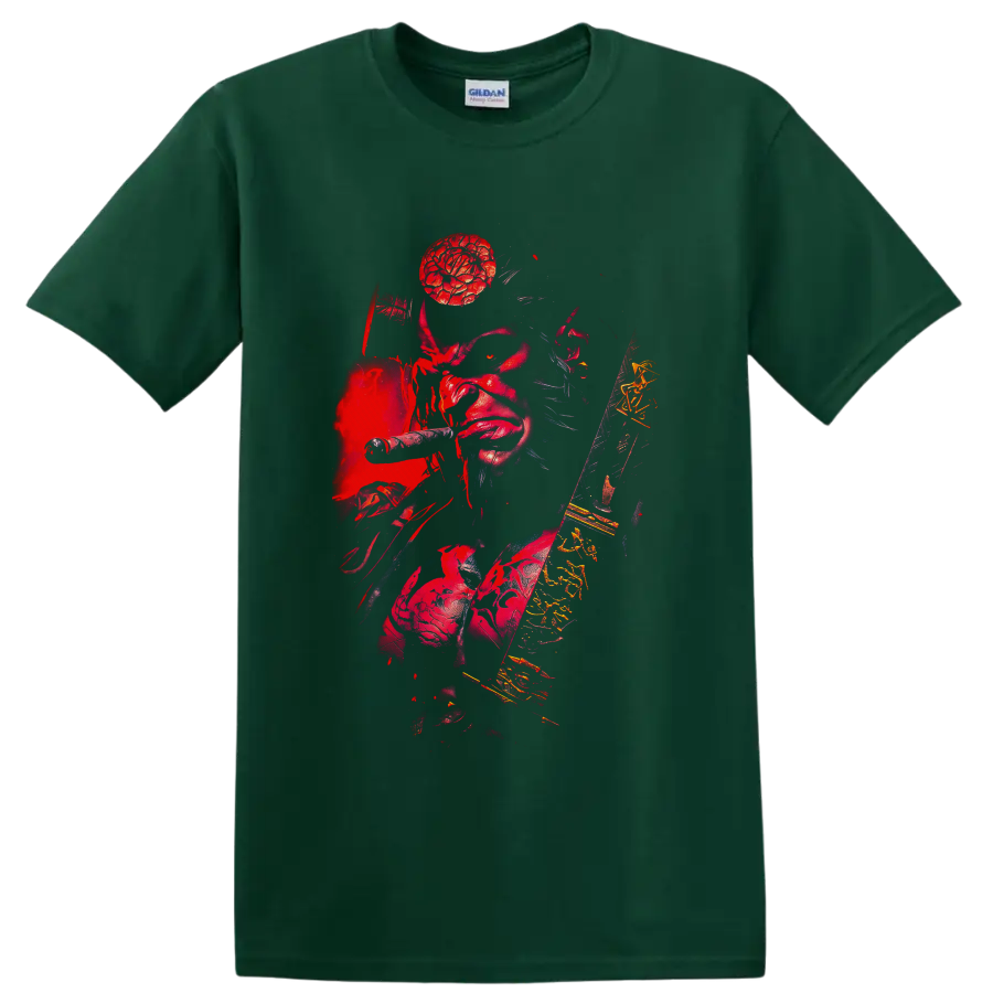 Hellboy red demon with revolver, sword, stone hand, and distressed gothic comic art on a Forest Green T Shirt