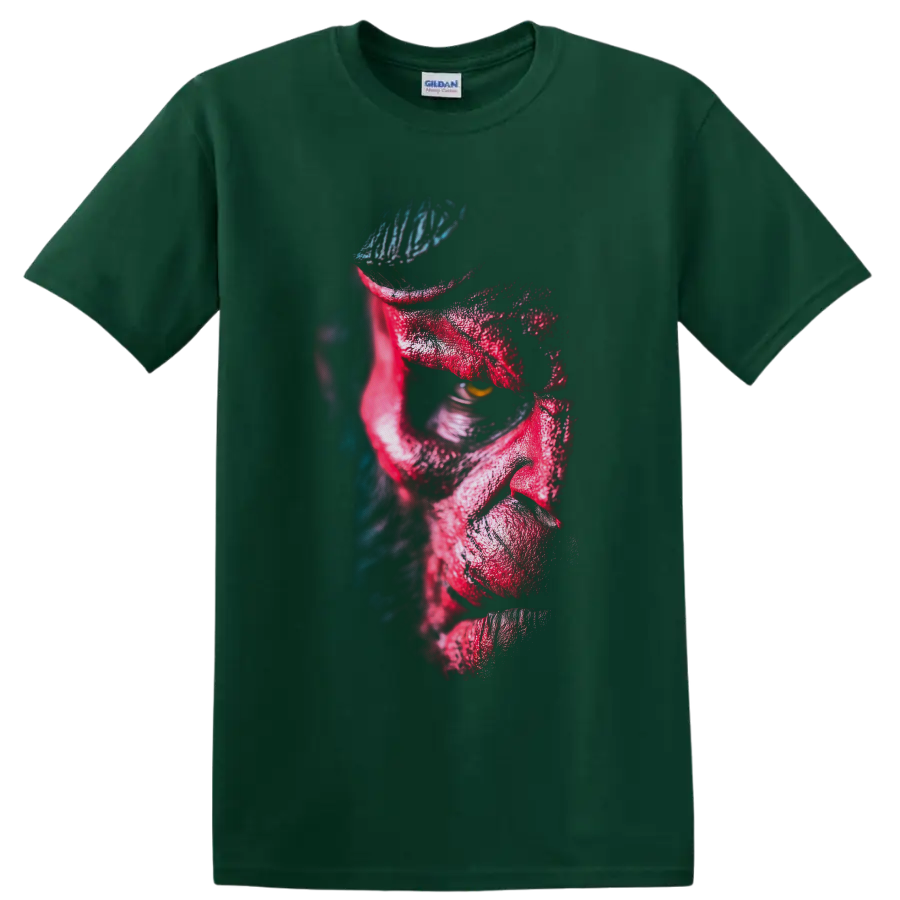 Hellboy red demon portrait with golden eye and blue-lit textured shadows on a Forest Green T Shirt