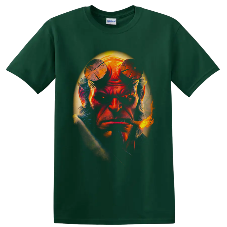 Hellboy dark fantasy portrait with cropped horns, glowing halo, and flaming pipe on a Forest Green T Shirt