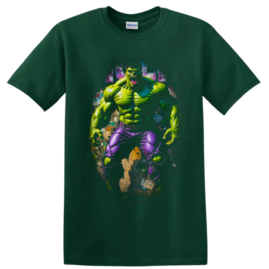 Hulk roaring superhero comic art with torn purple pants and gritty collage backdrop on a Forest Green T Shirt