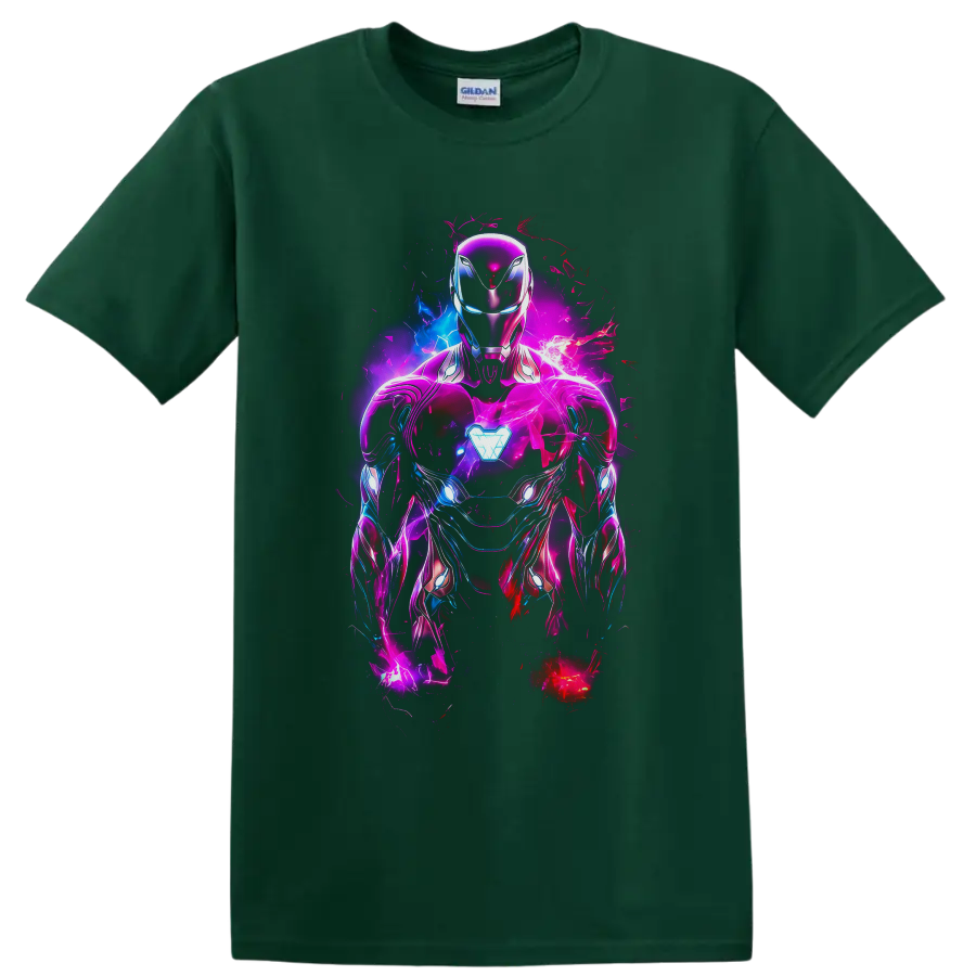 Iron Man in neon pink and blue armor with glowing arc reactor and electric comic effects on a Forest Green T Shirt