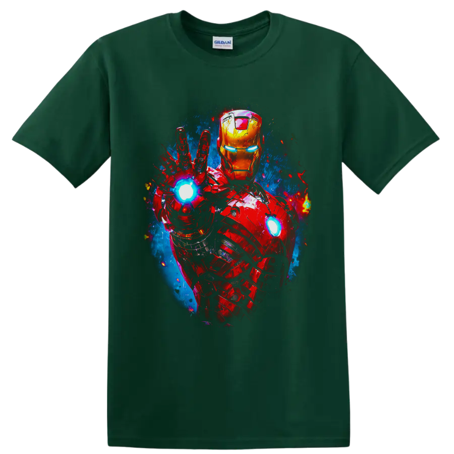Iron Man red and gold armor with glowing arc reactor and raised repulsor comic art on a Forest Green T Shirt