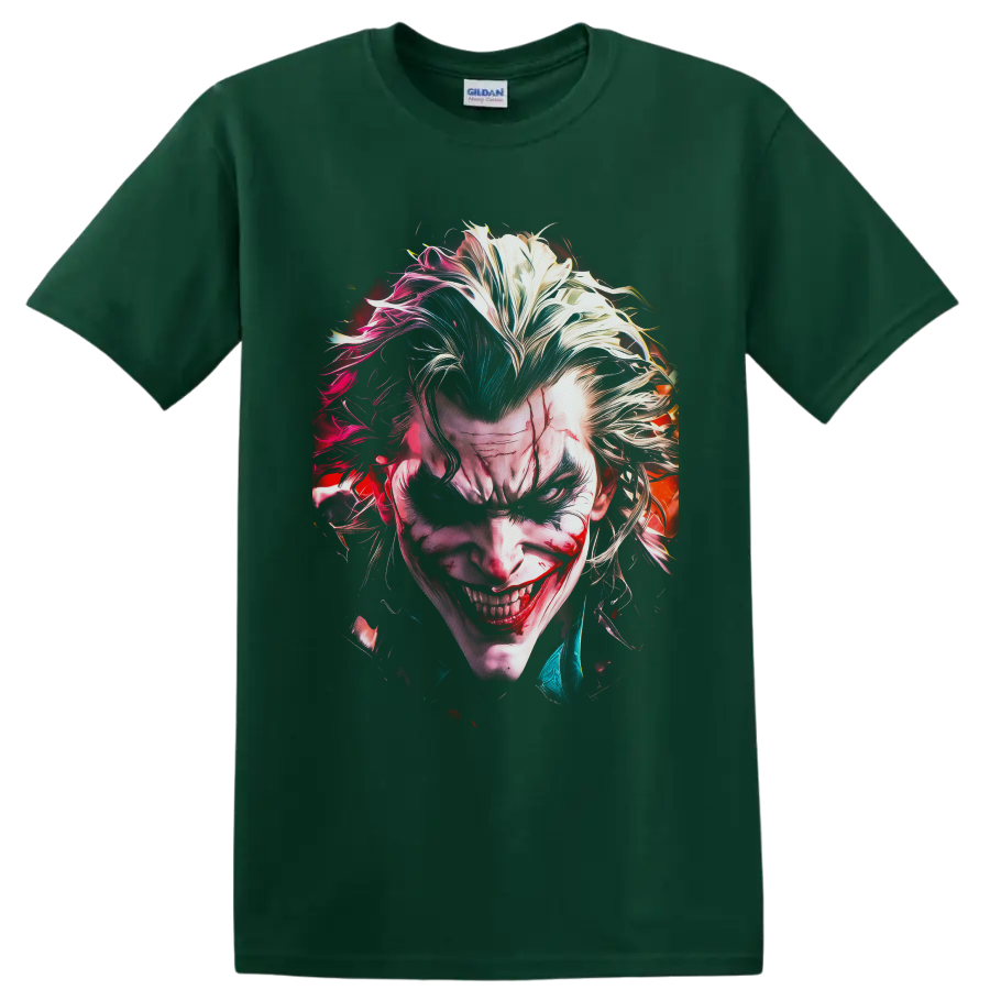 Joker sinister portrait with wild multicolor hair and a chilling comic horror grin on a Forest Green T Shirt