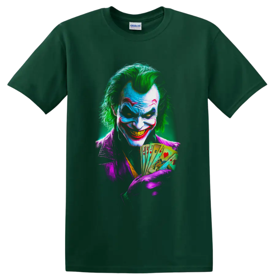 Joker comic-style portrait with green hair, purple suit, sinister grin, and playing cards on a Forest Green T Shirt