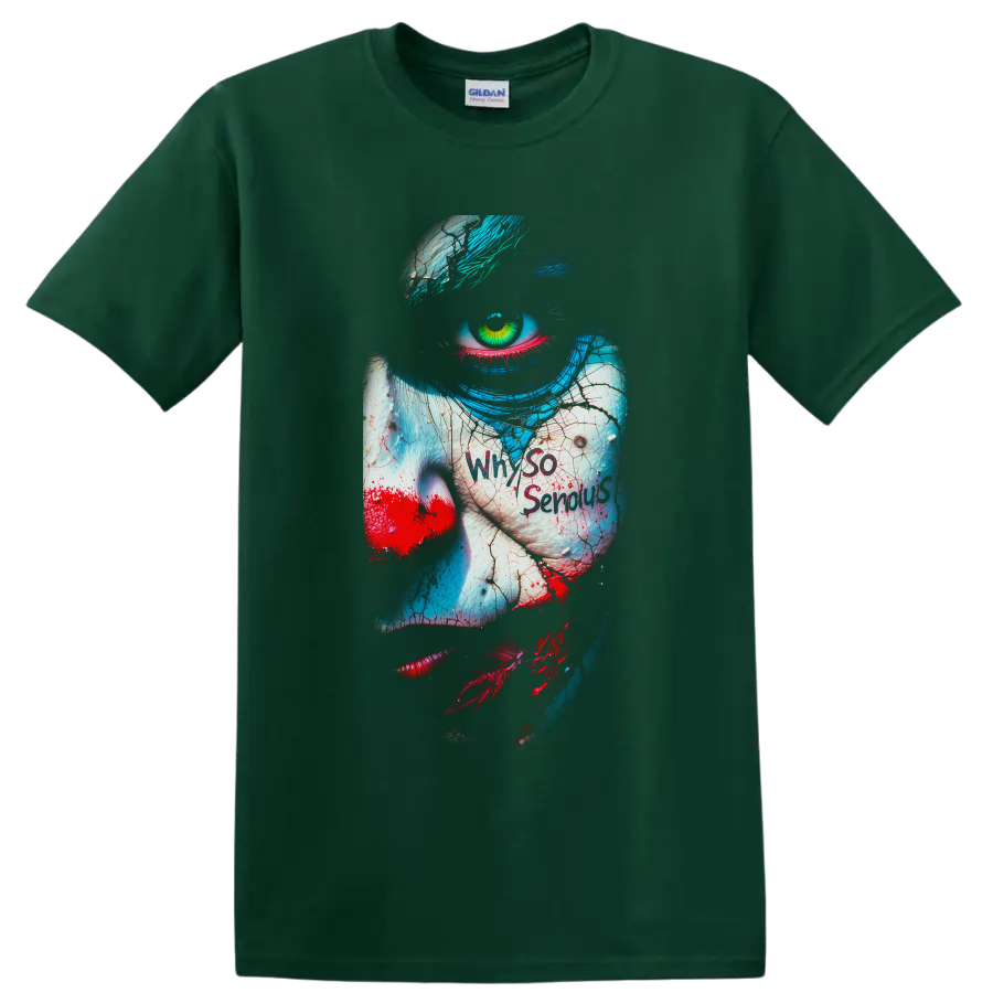 Joker horror clown close-up with green eye, teal hair, red lips, and cracked paint on a Forest Green T Shirt