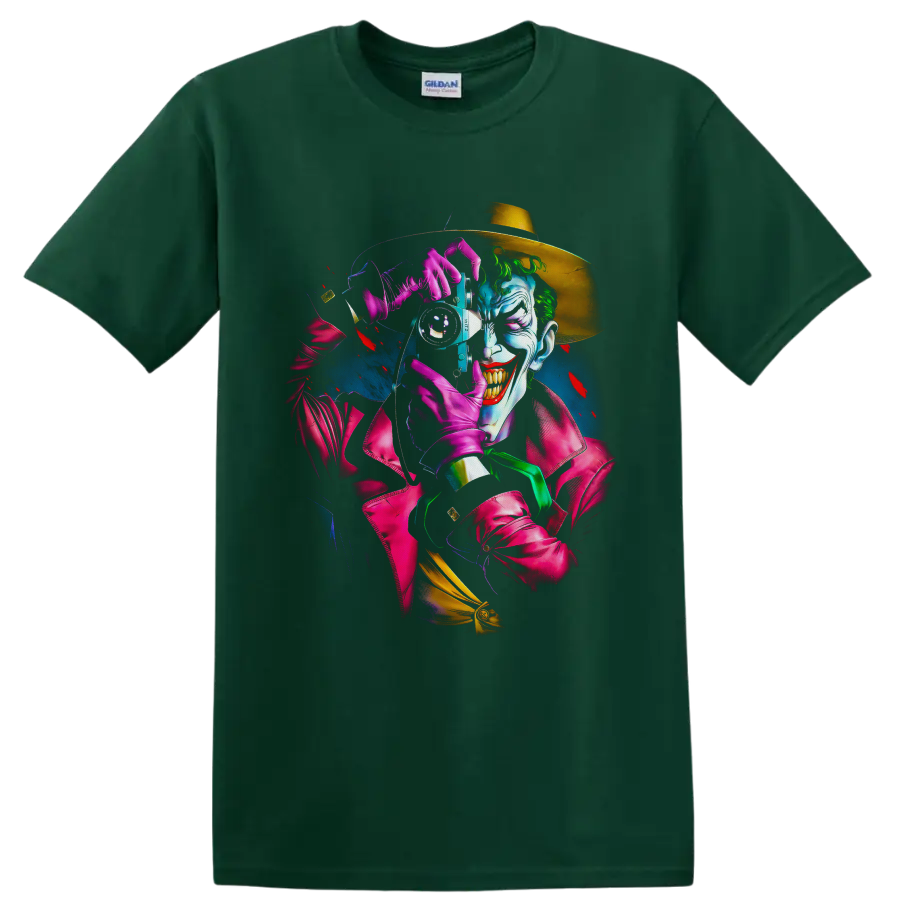 Neon Joker camera portrait with golden hat, pink gloves, and graphic novel styling on a Forest Green T Shirt