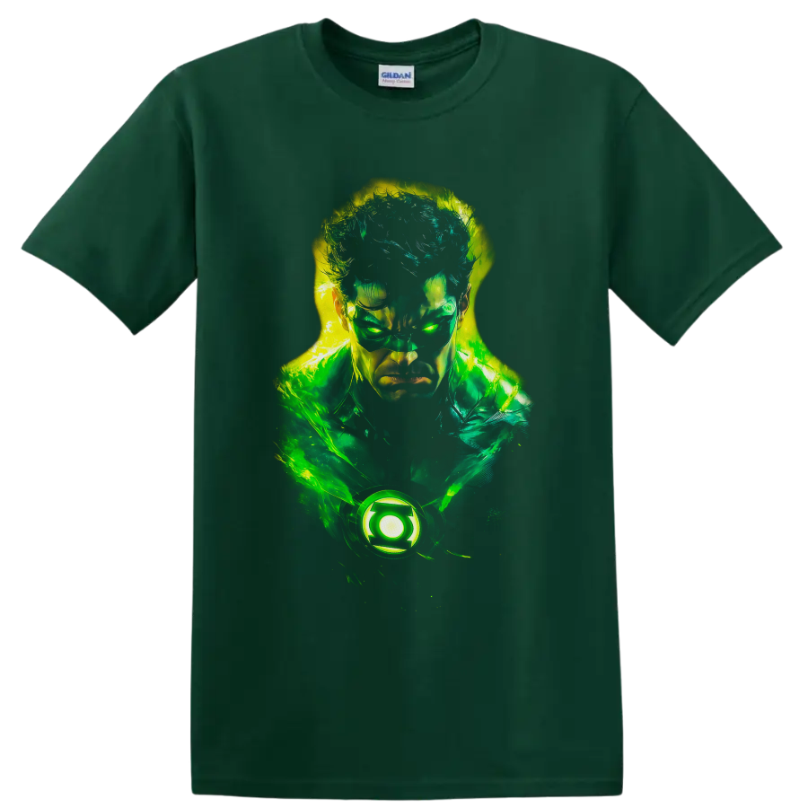 Hal Jordan Green Lantern neon portrait with glowing emblem and energy effects on a Forest Green T Shirt