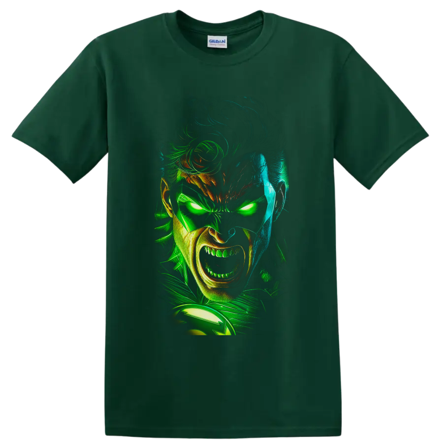 Guy Gardner as Green Lantern in neon comic portrait with glowing eyes and energy swirls on a Forest Green T Shirt