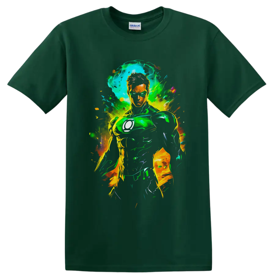 Kyle Rayner as White Lantern in neon comic art with green energy and paint splashes on a Forest Green T Shirt