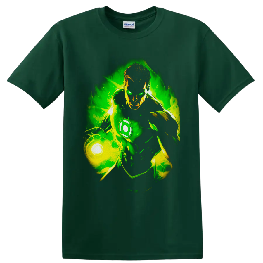 Hal Jordan Green Lantern comic art with glowing power ring and swirling green energy on a Forest Green T Shirt