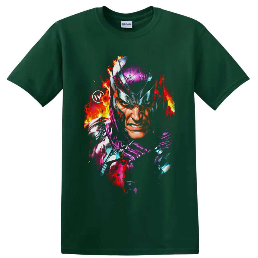 Magneto fiery helmet portrait with purple armor and comic-style flame splashes on a Forest Green T Shirt