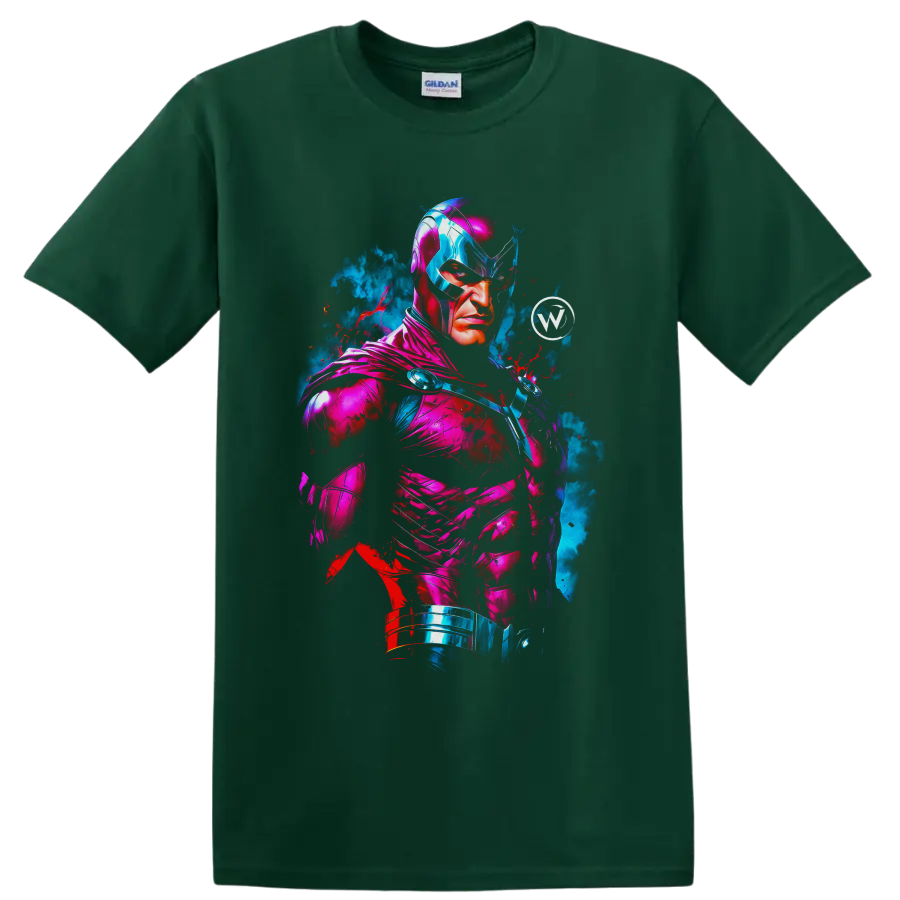 Citizen Steel neon armored superhero portrait with blue smoke and red paint splatters on a Forest Green T Shirt