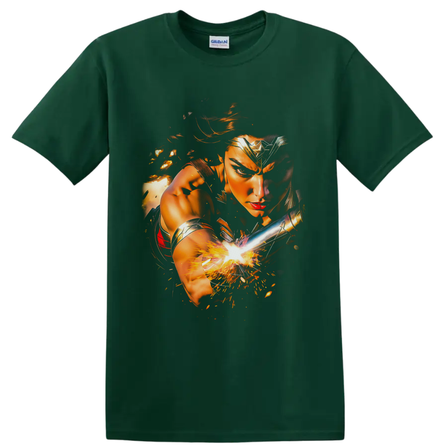 Wonder Woman warrior portrait with golden armor, silver bracer, and fiery battle sparks on a Forest Green T Shirt