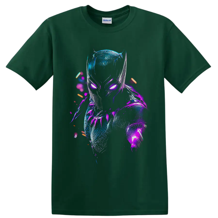 Black Panther T'Challa neon cyberpunk portrait with glowing blue and purple armor on a Forest Green T Shirt