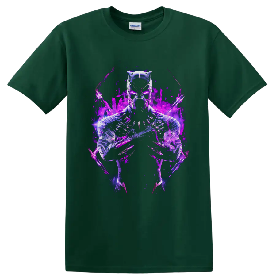 Black Panther T'Challa in metallic armor with crossed claws and glowing purple energy on a Forest Green T Shirt