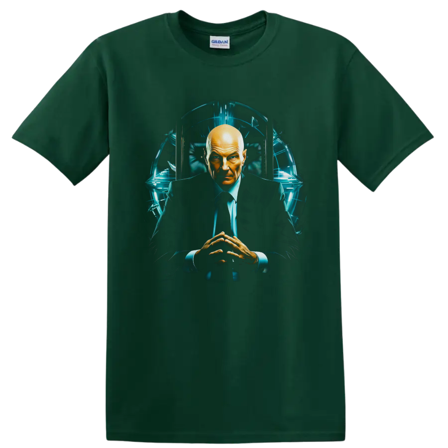 Professor X seated in a futuristic teal-lit chamber, cinematic sci-fi portrait artwork on a Forest Green T Shirt